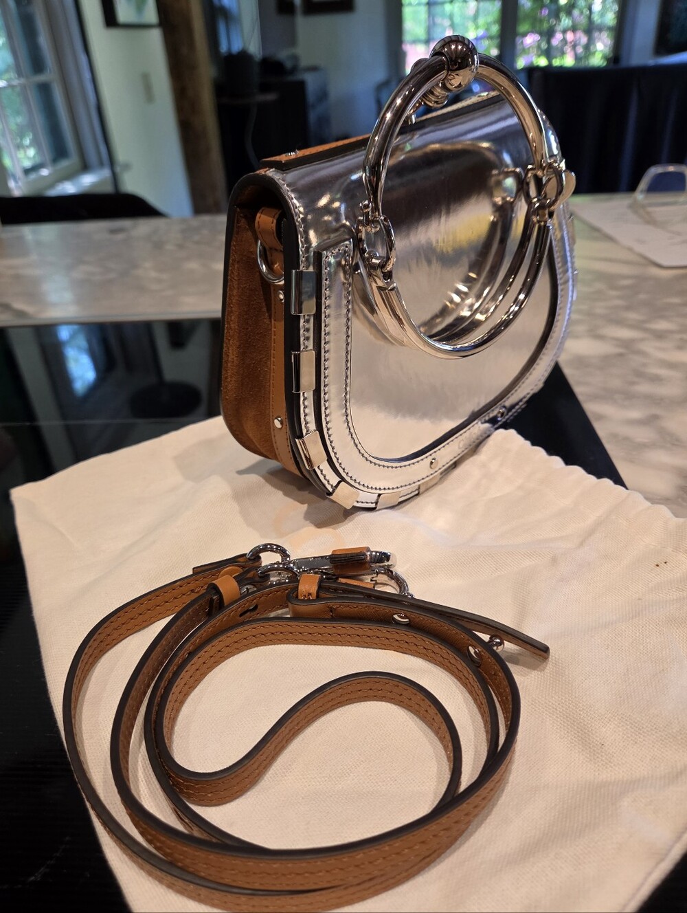 Chloe Nile Silver And Tan Leather Bracelet Handbag